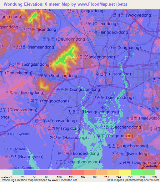 Wondung,South Korea Elevation Map
