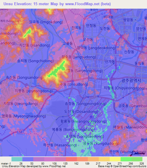 Unsu,South Korea Elevation Map