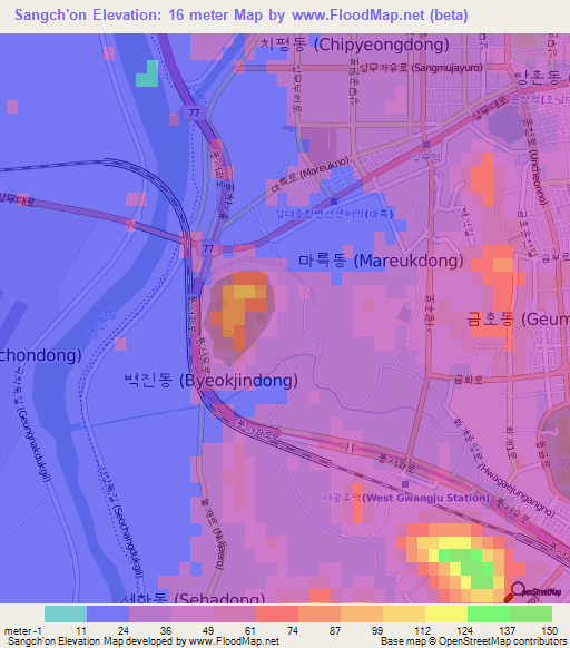 Sangch'on,South Korea Elevation Map