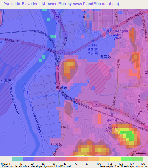 Pyokchin,South Korea Elevation Map