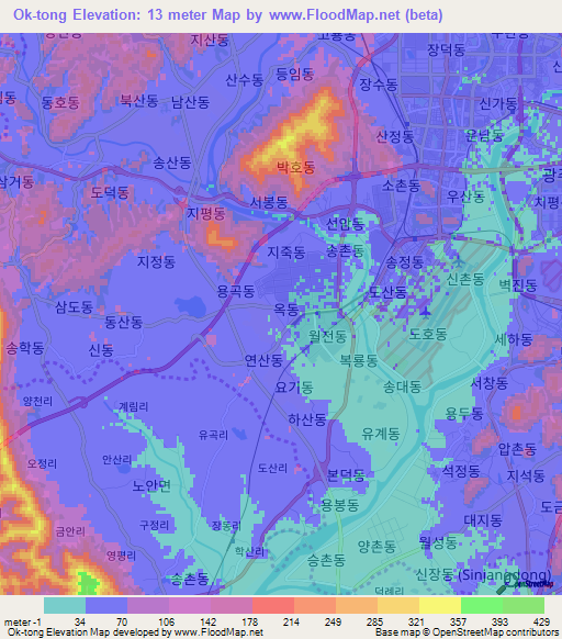 Ok-tong,South Korea Elevation Map