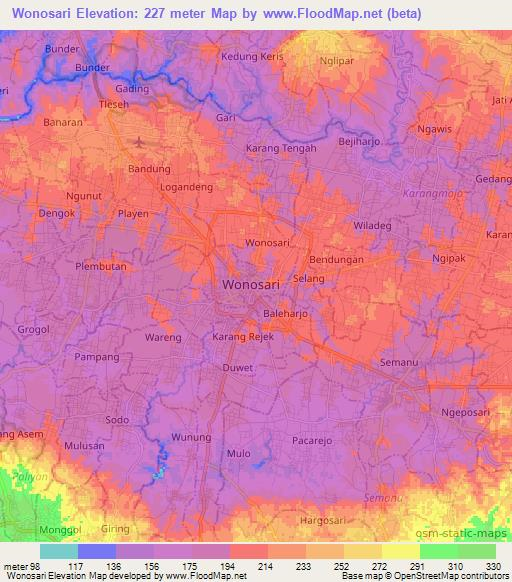 Wonosari,Indonesia Elevation Map