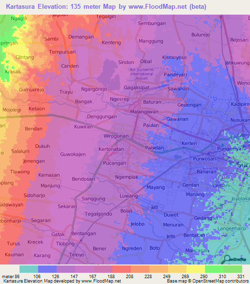 Kartasura,Indonesia Elevation Map
