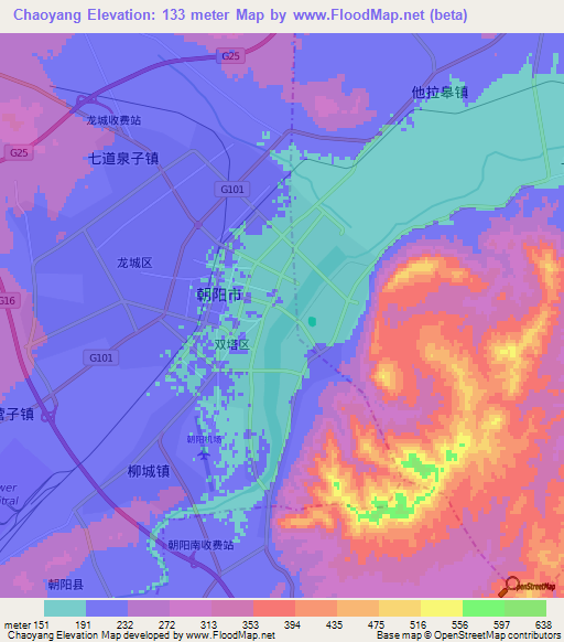 Chaoyang,China Elevation Map