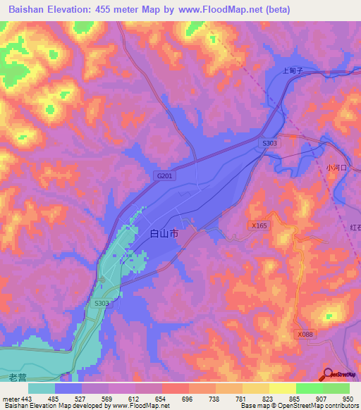 Baishan,China Elevation Map