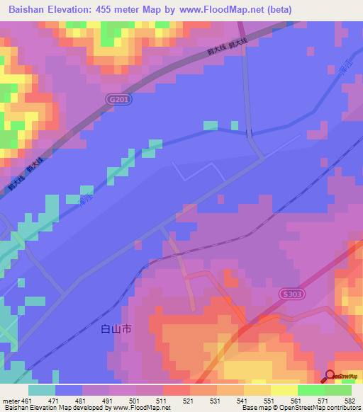 Baishan,China Elevation Map