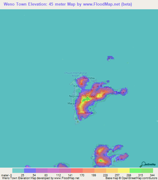 Weno Town,Micronesia Elevation Map