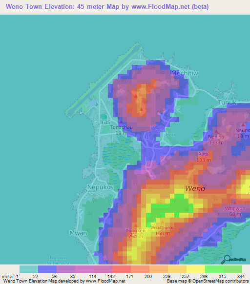 Weno Town,Micronesia Elevation Map