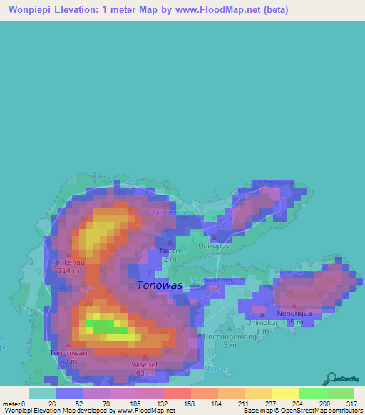 Wonpiepi,Micronesia Elevation Map