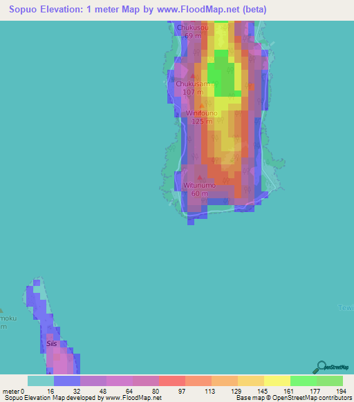 Sopuo,Micronesia Elevation Map