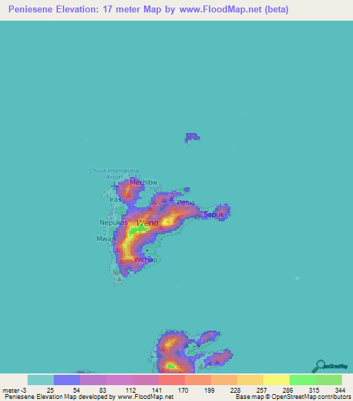 Peniesene,Micronesia Elevation Map