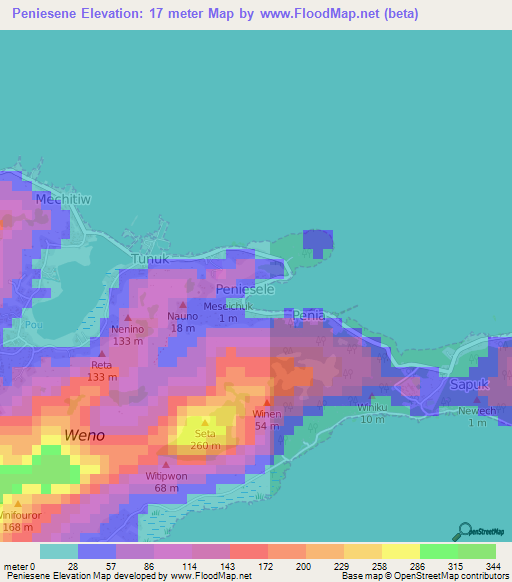 Peniesene,Micronesia Elevation Map