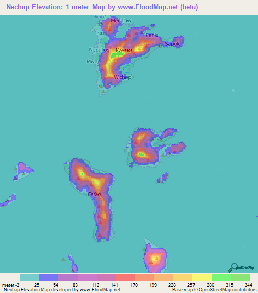 Nechap,Micronesia Elevation Map