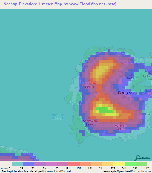 Nechap,Micronesia Elevation Map