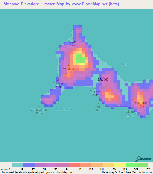 Monowe,Micronesia Elevation Map