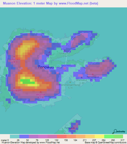 Muanon,Micronesia Elevation Map