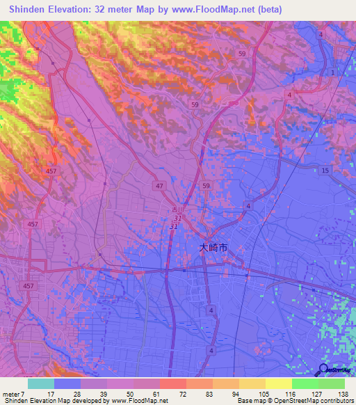 Shinden,Japan Elevation Map