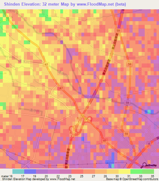 Shinden,Japan Elevation Map