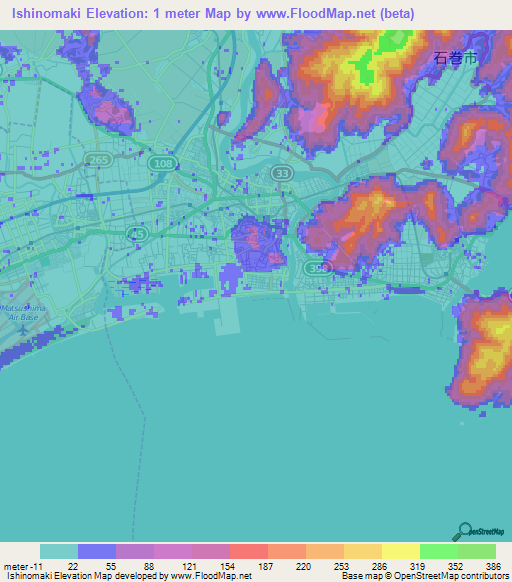 Ishinomaki,Japan Elevation Map