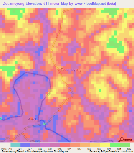 Zouameyong,Cameroon Elevation Map