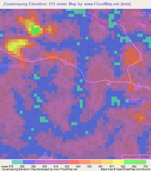 Zouameyong,Cameroon Elevation Map