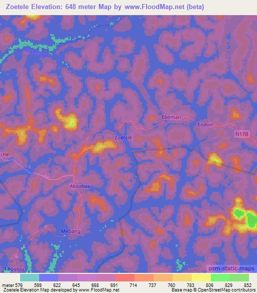 Zoetele,Cameroon Elevation Map