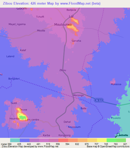 Zibou,Cameroon Elevation Map