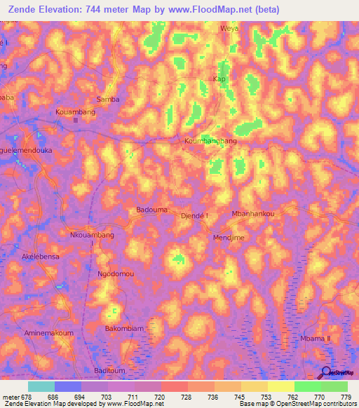 Zende,Cameroon Elevation Map