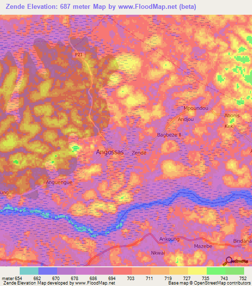 Zende,Cameroon Elevation Map