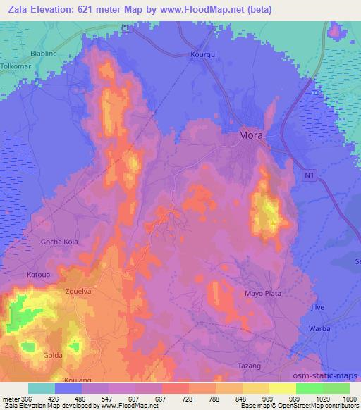 Zala,Cameroon Elevation Map