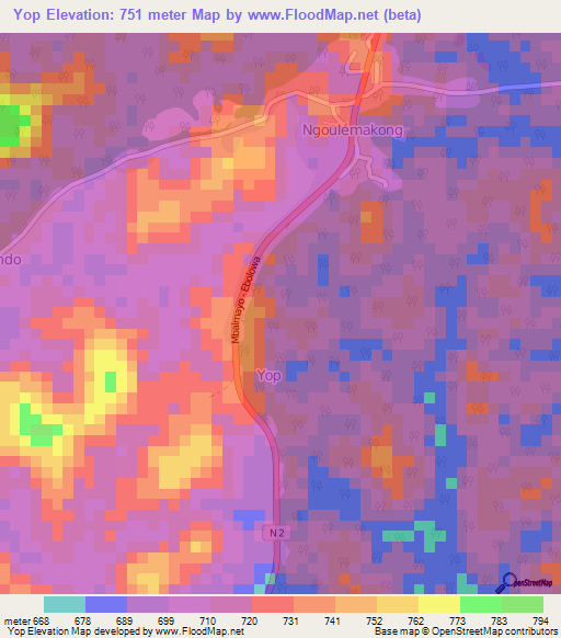 Yop,Cameroon Elevation Map