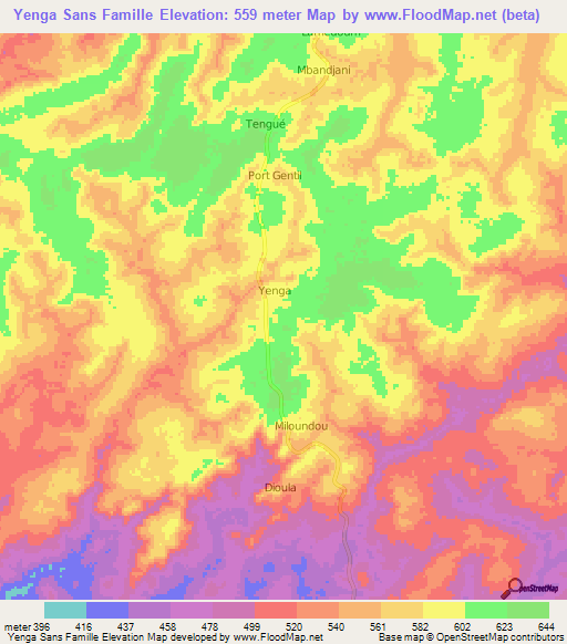 Yenga Sans Famille,Cameroon Elevation Map