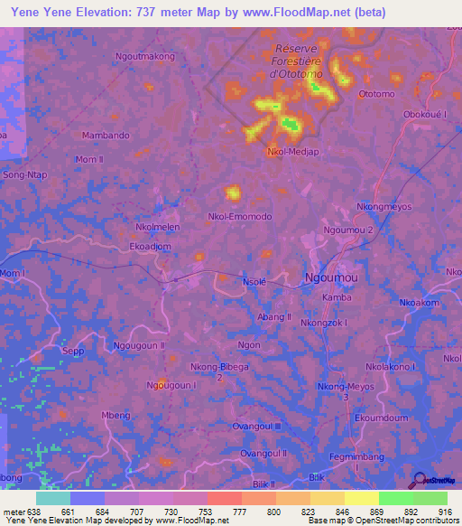 Yene Yene,Cameroon Elevation Map