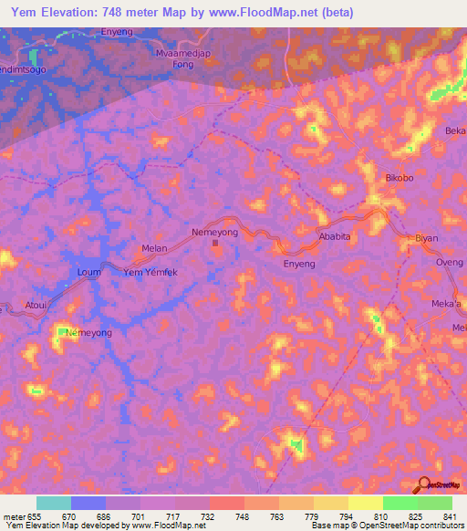 Yem,Cameroon Elevation Map