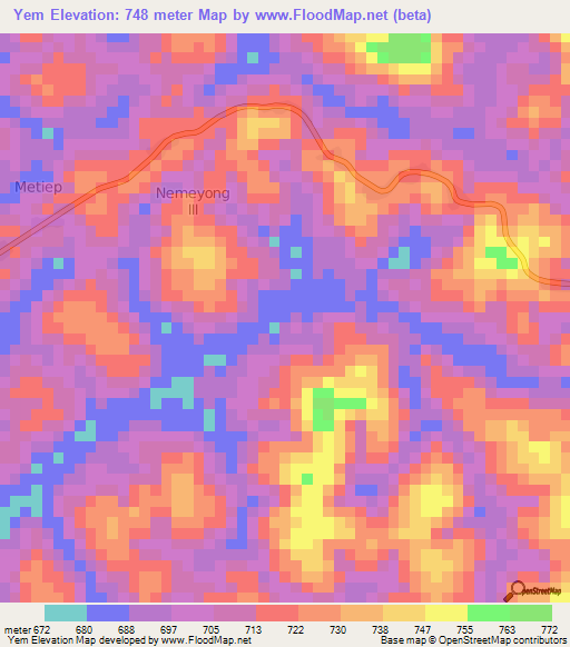 Yem,Cameroon Elevation Map