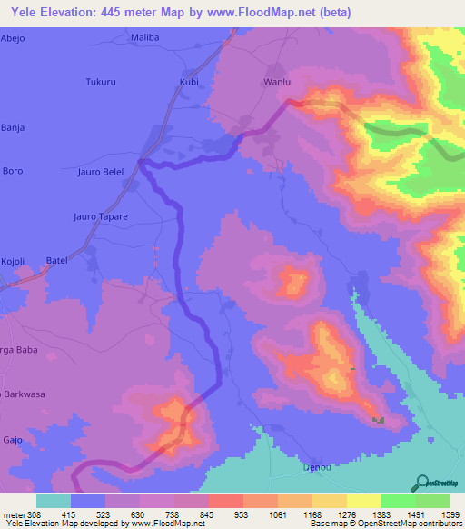 Yele,Cameroon Elevation Map