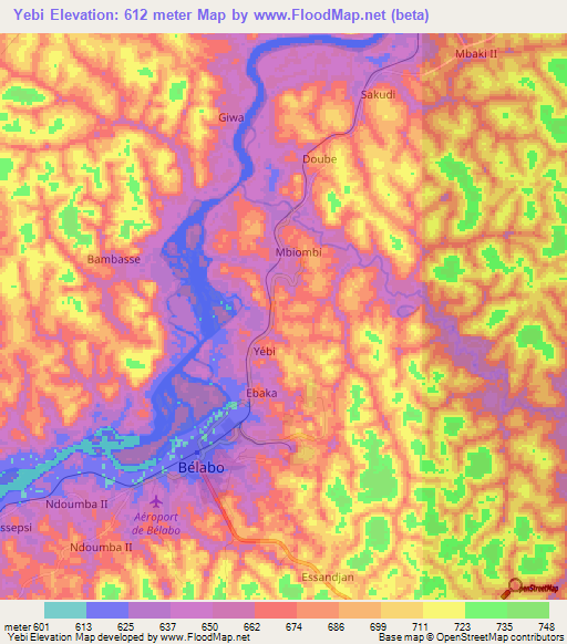 Yebi,Cameroon Elevation Map