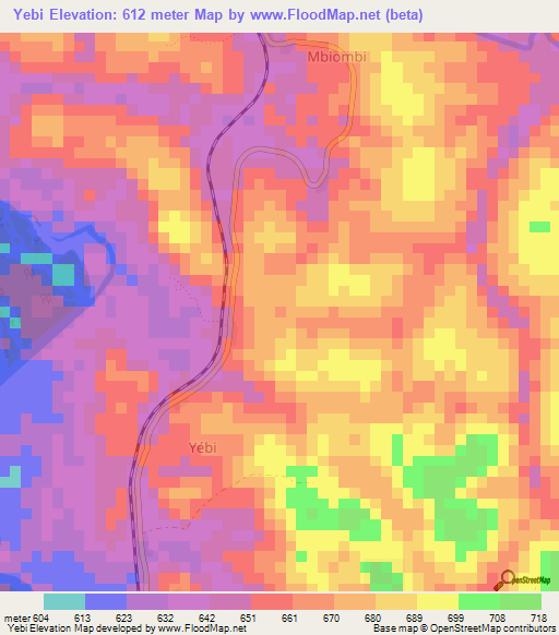 Yebi,Cameroon Elevation Map