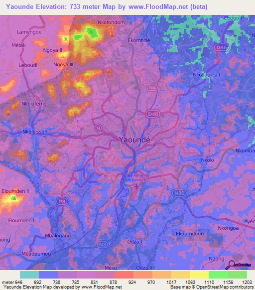 Yaounde,Cameroon Elevation Map