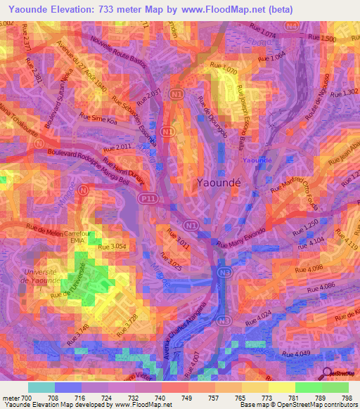 Yaounde,Cameroon Elevation Map