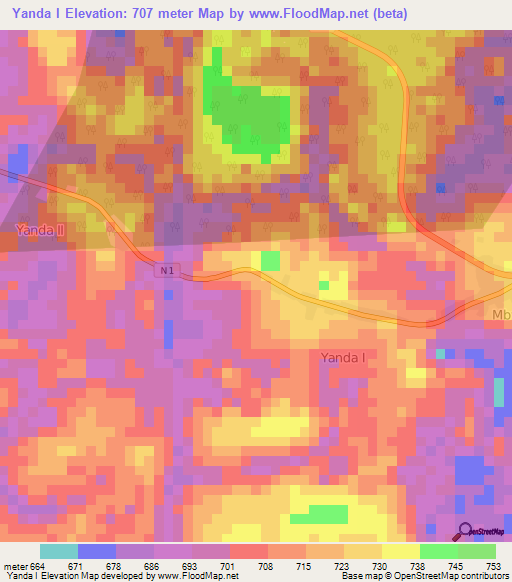 Yanda I,Cameroon Elevation Map