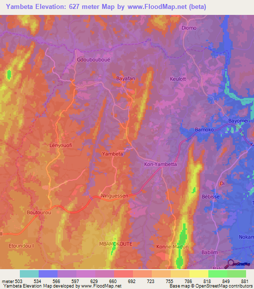 Yambeta,Cameroon Elevation Map