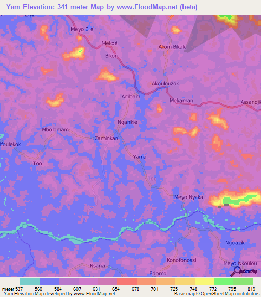 Yam,Cameroon Elevation Map