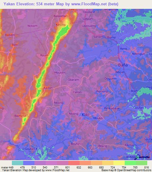 Yakan,Cameroon Elevation Map