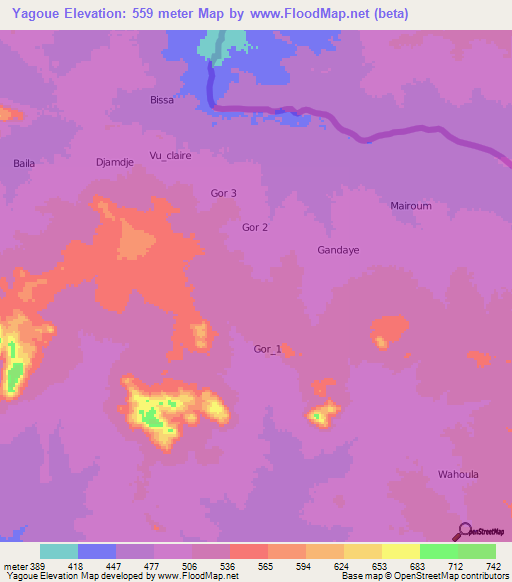 Yagoue,Cameroon Elevation Map