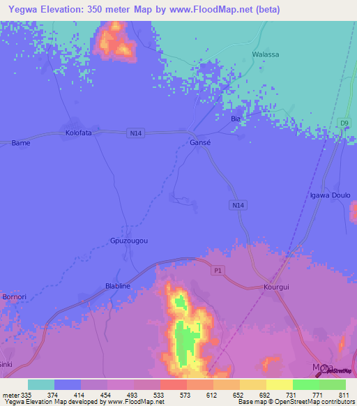 Yegwa,Cameroon Elevation Map