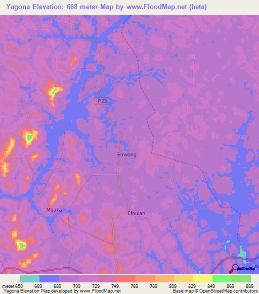 Yagona,Cameroon Elevation Map