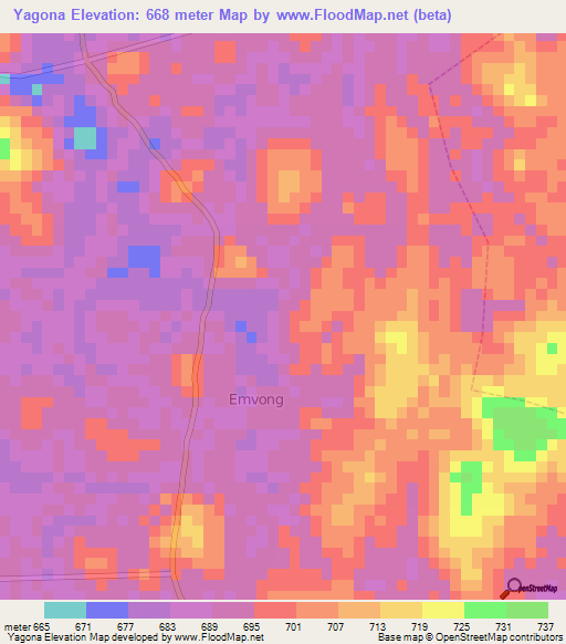 Yagona,Cameroon Elevation Map