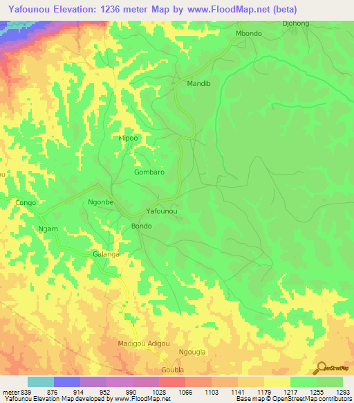 Yafounou,Cameroon Elevation Map