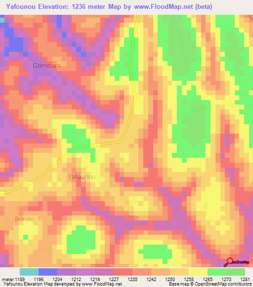 Yafounou,Cameroon Elevation Map